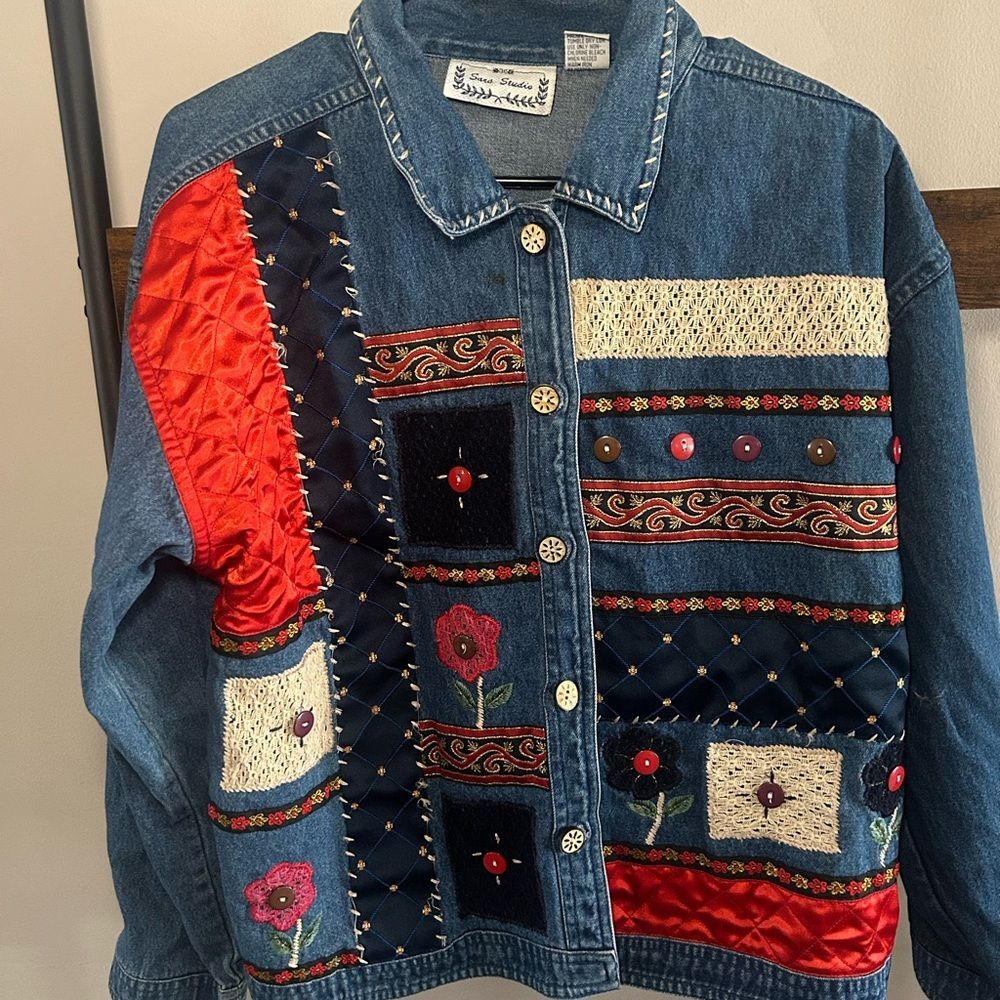 Sara Studio Vintage Denim Patchwork Jacket Large 100% Cotton Boho Grandmacore